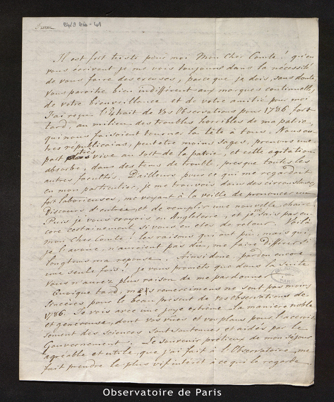 Lettre de C. H. Damen à Cassini IV, Leyden le 17 mars 1788