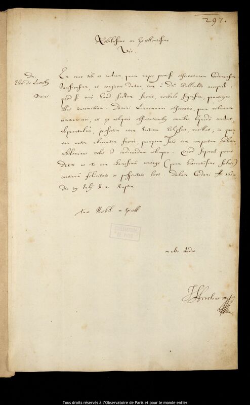 Lettre de Jan Heweliusz à Elias Crätschmair, Gdansk, 29 juillet 1652