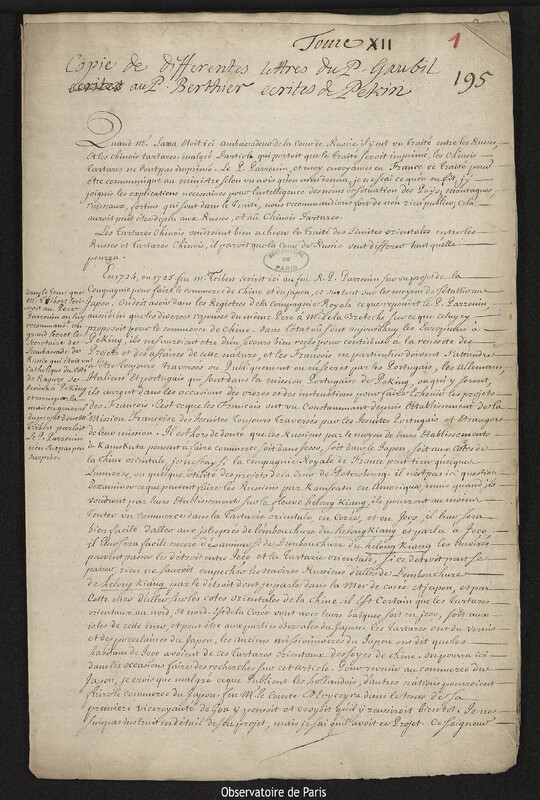 Lettre de Antoine Gaubil à Guillaume François Berthier, Pékin, 1752