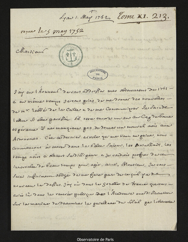 Lettre de Laurent Béraud à Joseph-Nicolas Delisle, Lyon, 1 mai 1752