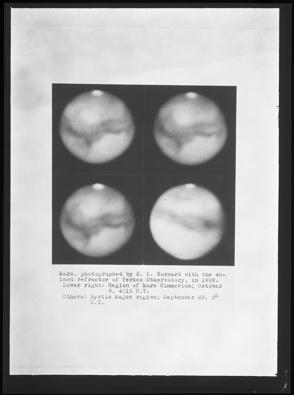 MARS. Photos Barnard 1909. Télescope 40 pouces. Observatoire Yerkes. Bas droite : région Mare Cimmerium - 6 octobre - 4h15 T.U. autres : région Syrtis Major- 29 septembre - 5h - T.U (titre forgé)