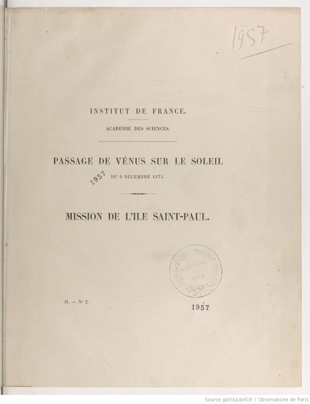 Passage de Vénus sur le soleil du 9 décembre 1874, mission de l'île Saint-Paul