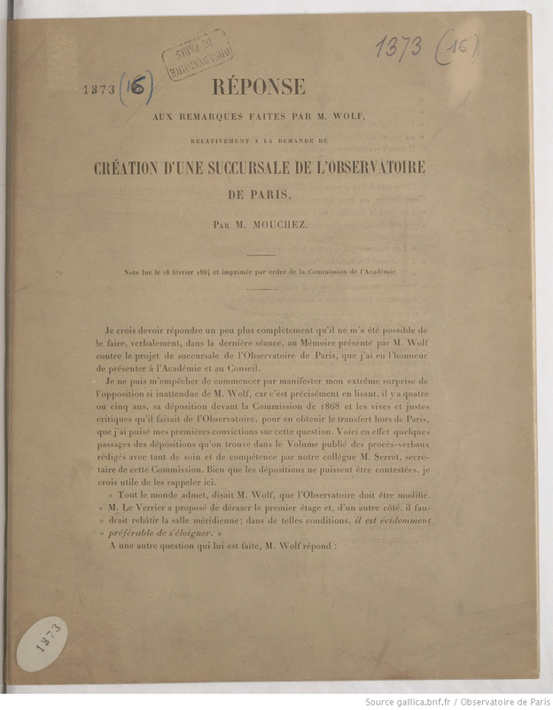 Réponse aux remarques faites par M. Wolf, relativement à la demande de création d'une succursale de l'Observatoire de Paris