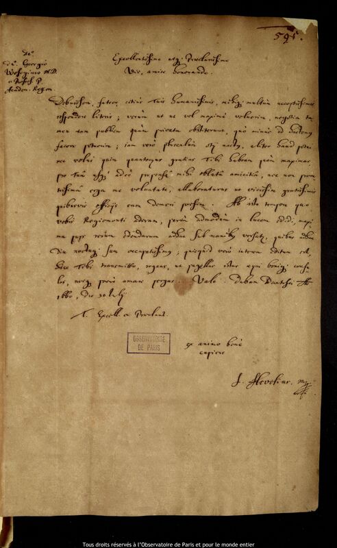 Lettre de Jan Heweliusz à Georg Wosegin, Gdansk, 30 juillet 1660