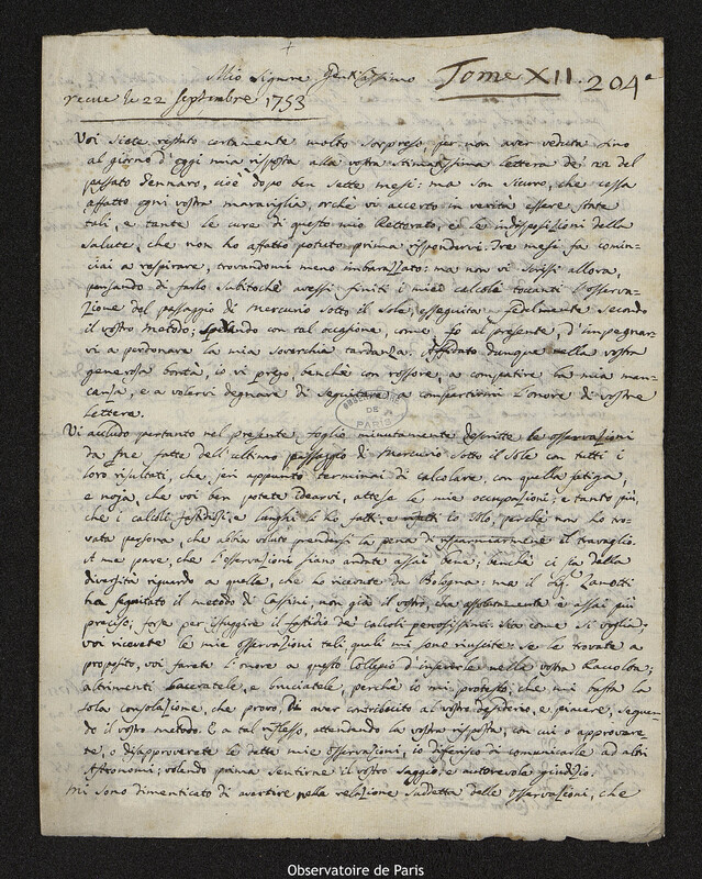 Lettre de Nicola Maria Carcani à Joseph-Nicolas Delisle, Naples, 28 août 1753