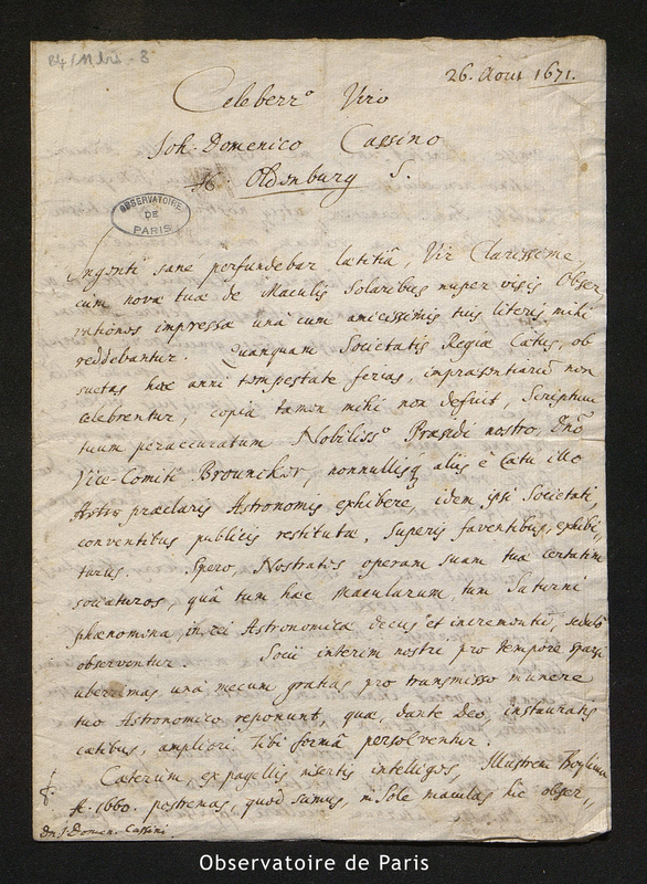 Lettre d'Oldenburg à Cassini I, Londres le 26 août 1671