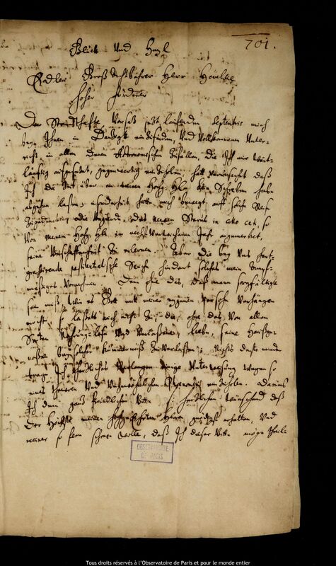 Lettre d'Andreas Concius à Jan Heweliusz, Kaliningrad, 6 septembre 1661