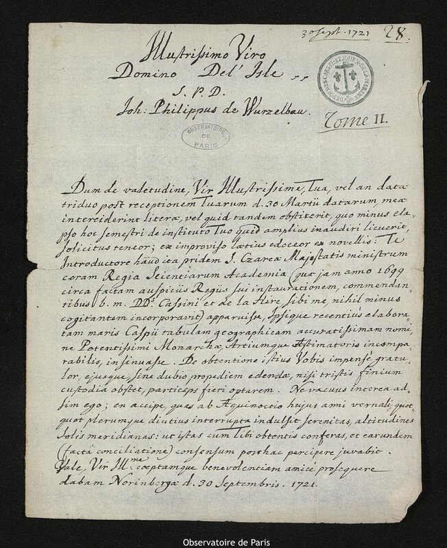 Lettre de Johann Philipp von Wurzelbau à Joseph-Nicolas Delisle, Nuremberg, 30 septembre 1721