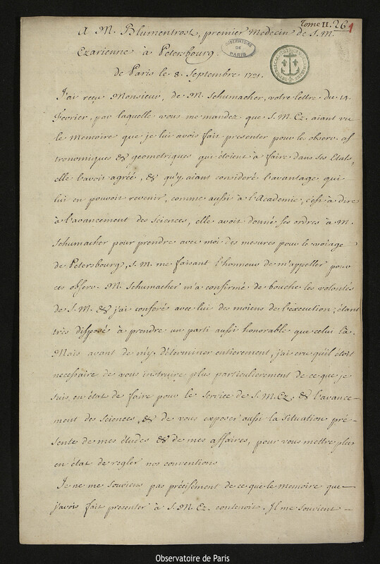 Lettre de Joseph-Nicolas Delisle à Laurent Blumentrost, Paris, 8 septembre 1721