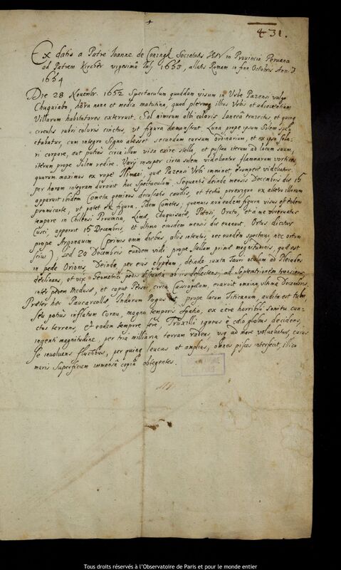 Texte manuscrit de Johannes Coningh à Athanasius Kircher, Rome, 31 octobre 1654