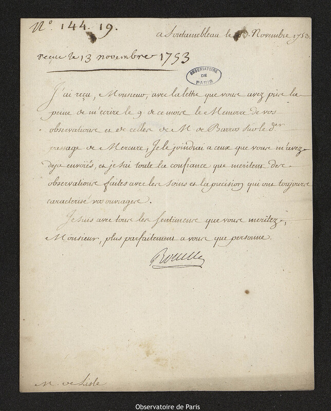 Lettre de Antoine Louis Rouillé à Joseph-Nicolas Delisle, Fontainebleau, 13 novembre 1753