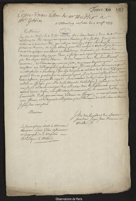 Lettre de Johann Friedrich Weidler à Louis Godin, Wittenberg, 1 août 1753