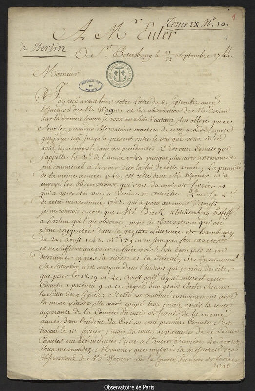 Lettre de Joseph-Nicolas Delisle à Leonhard Euler, Saint-Pétersbourg,22 septembre 1744