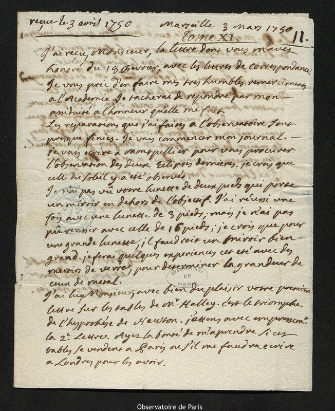 Lettre de Esprit Pezenas à Joseph-Nicolas Delisle, Marseille, 3 mars 1750