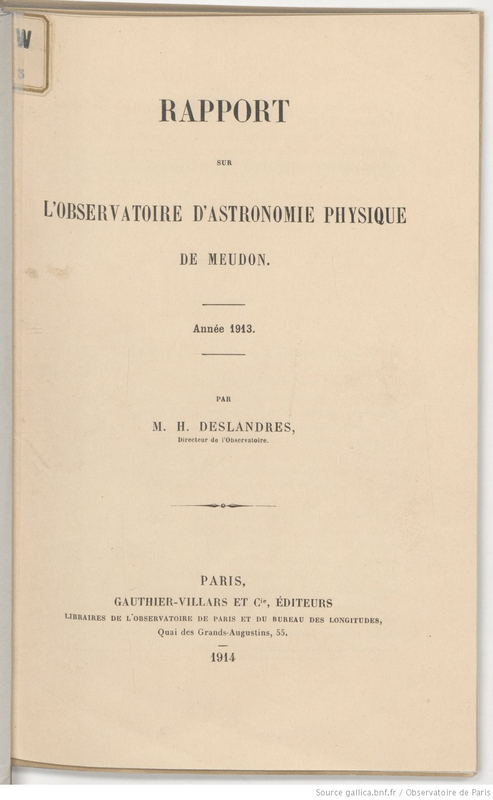 (1913-1926) Rapport sur l'Observatoire d'astronomie physique de Meudon