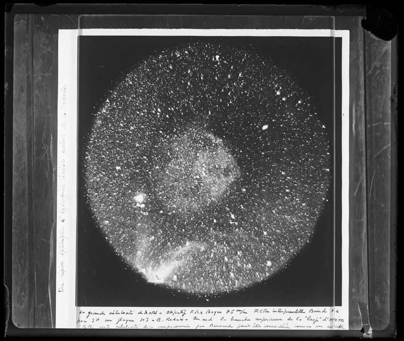 Grande nébulosité de Λ Orionis. Région sphérique d'hydrogène ionisé. Objectif F 1,4 ; foyer 75mm. Filtre interférentiel Baird Hα. Pose 3h. Plaque 103 aE. - Observatoire de Haute-Provence (1950) (titre forgé)