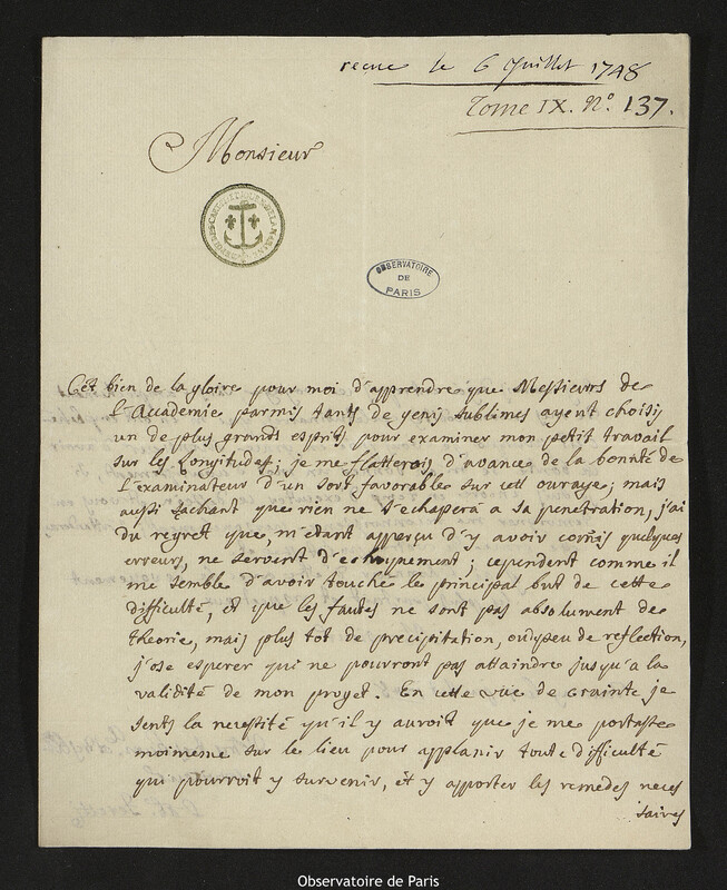 Lettre de Emilio Feretti à Joseph-Nicolas Delisle, Tournai, 4 juillet 1748