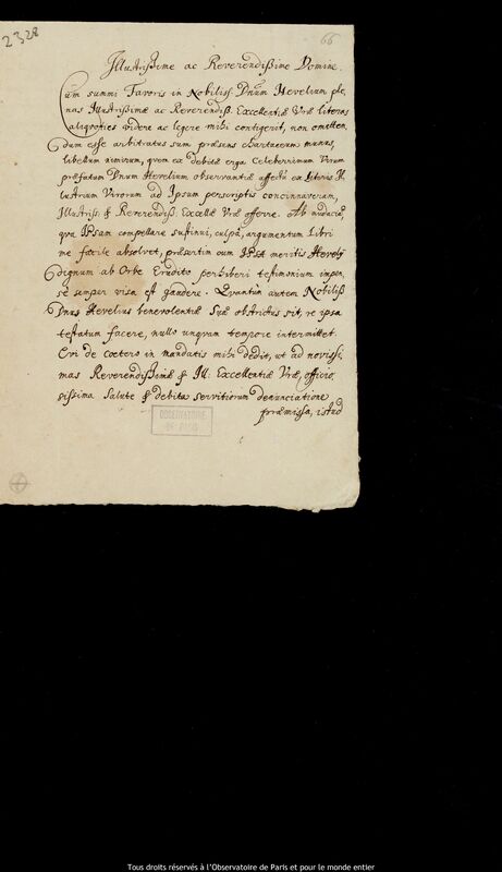 Lettre de Johann Erich Olhoff à Jan Heweliusz, Gdansk, 1683