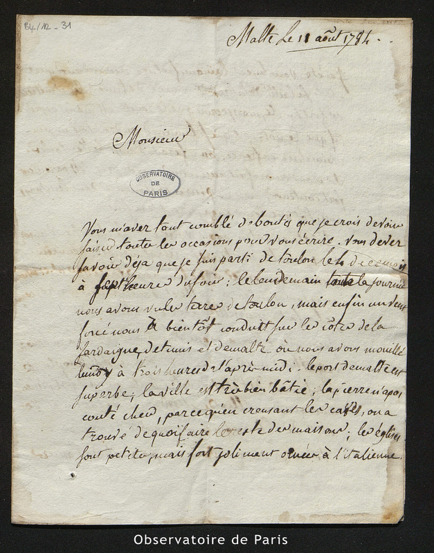 Lettre de Tondu à Cassini IV, Malte le 11 août 1784