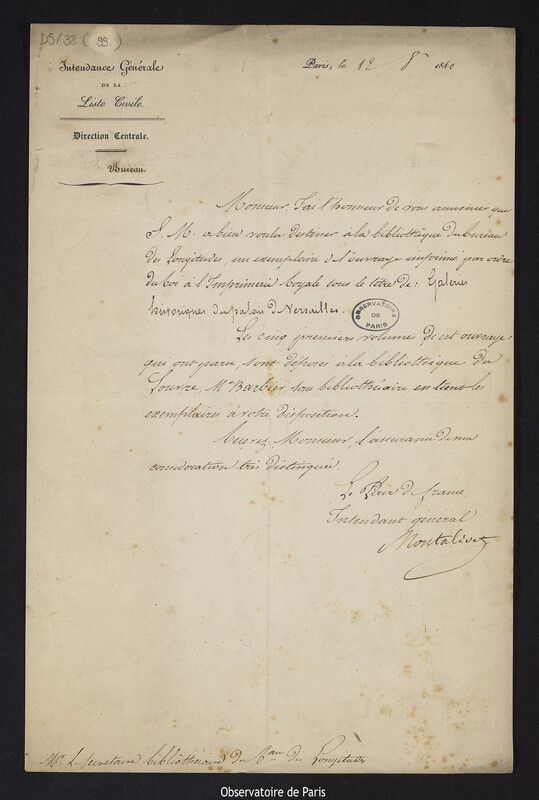 Lettre de Camille de Montalivet, pair de France, au secrétaire bibliothécaire du Bureau des Longitudes, à Paris, le 12 août 1840