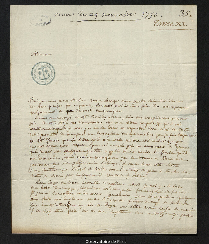 Lettre de Nicolas-Louis de La Caille à Joseph-Nicolas Delisle, Lorient, 20 novembre 1750