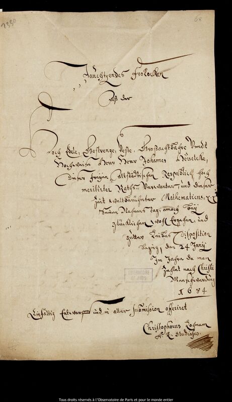 Lettre de Christoph Lochmann à Jan Heweliusz, Gdansk, 24 juin 1684