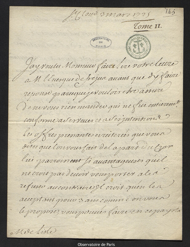 Lettre de Jean-Baptiste-Henri du Trousset de Valincour à Joseph-Nicolas Delisle, Saint-Cloud, 3 mars 1725