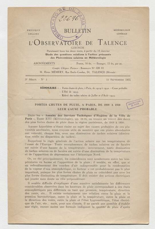 (1933) Bulletin de l'Observatoire de Talence, 3e série