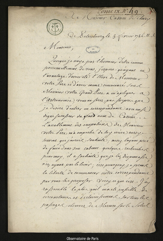 Lettre de Joseph-Nicolas Delisle à Jacques Cassini, Saint-Pétersbourg, 5 février 1746