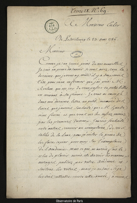 Lettre de Joseph-Nicolas Delisle à Leonhard Euler, Saint-Pétersbourg,23 août 1746