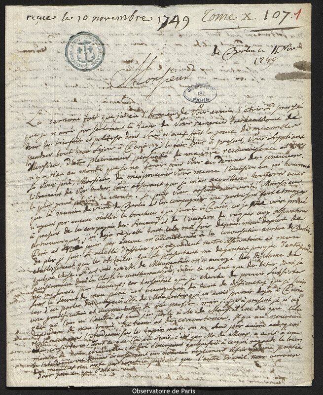 Lettre de Augustin Nathanael Grischow à Joseph-Nicolas Delisle, Berlin, 1 novembre 1749