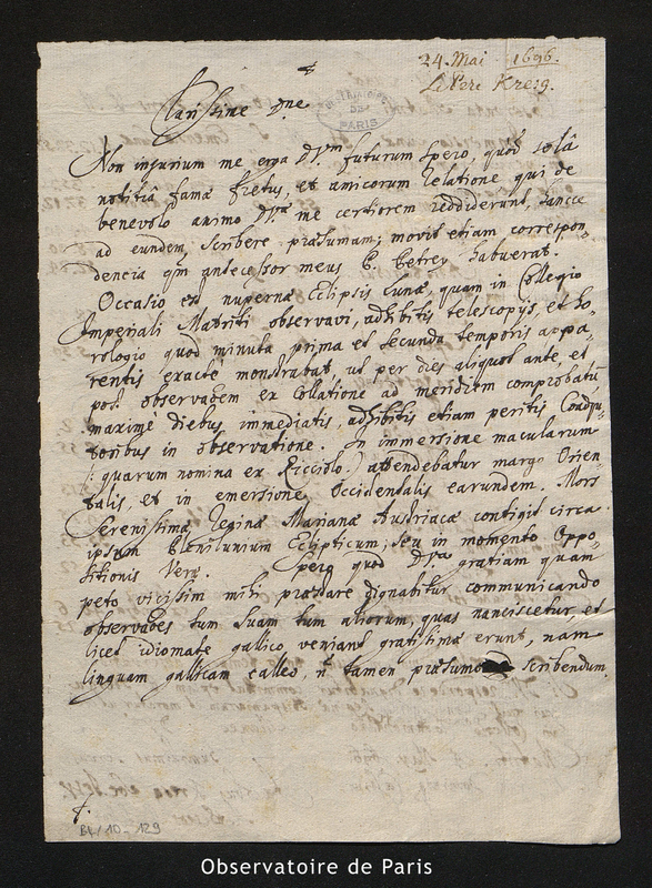 Lettre de Kresa à Cassini I, Madrid le 24 mai 1696