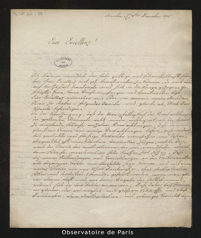 Lettre de Reichenbach, Munich le 8 décembre 1816