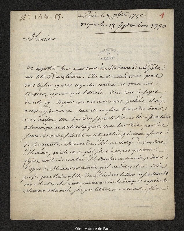 Lettre de Jean-Claude Gérault à Joseph-Nicolas Delisle, 11 septembre 1750