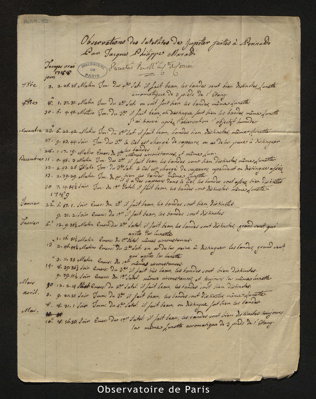 Observations des satellites de Jupiter faites à Perinaldo par Jacques-Philippe Maraldi de décembre 1788 à mai 1789, présentées par M. le comte de Cassini