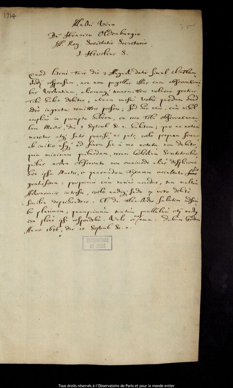 Lettre de Jan Heweliusz à Henry Oldenburg, Gdansk, 7 septembre 1676