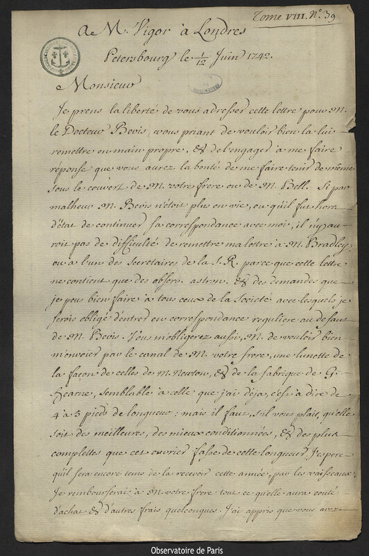 Lettre de Joseph-Nicolas Delisle à Vigor, Saint-Pétersbourg,12 juin 1742