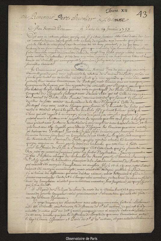 Lettre de Joseph-Nicolas Delisle à Jean Chevalier,Paris, 29 janvier 1753