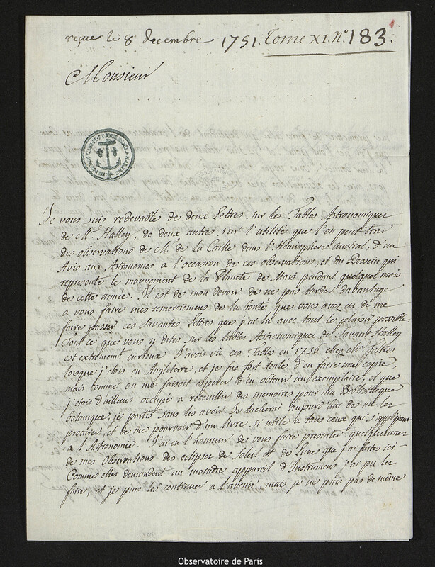 Lettre de Jean François Séguier à Joseph-Nicolas Delisle, Vérone, 13 septembre 1751