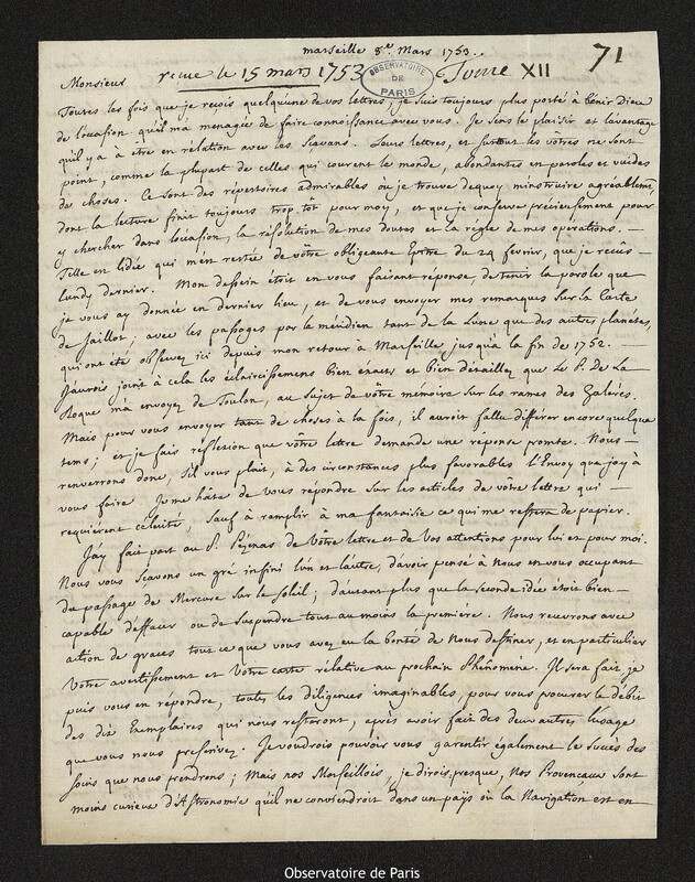 Lettre de Louis Lagrange à Joseph-Nicolas Delisle, Marseille, 8 mars 1753