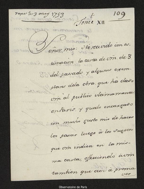 Lettre de Zenón de Somodevilla y Bengoechea, marquis de la Ensenada à Joseph-Nicolas Delisle, 9 avril 1753