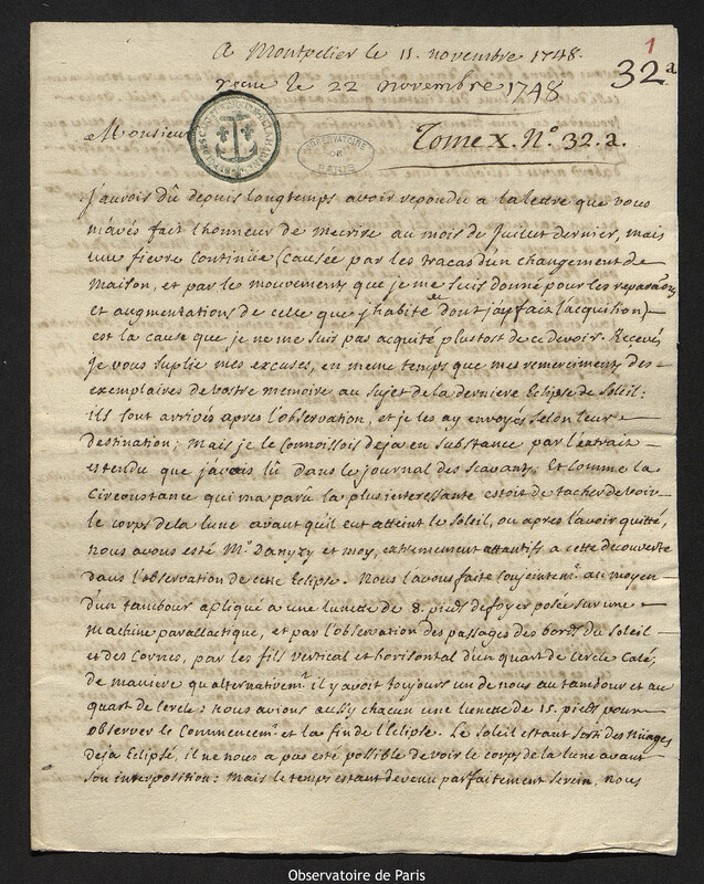 Lettre de Pierre-François de Guilleminet à Joseph-Nicolas Delisle, Montpellier, 15 novembre 1748