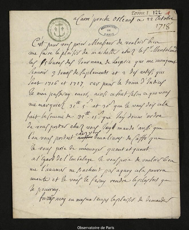 Lettre de Jacques d'Allonville de Louville à Joseph-Nicolas Delisle, Lieu-dit Le Clos du Petit Carré, 22 octobre 1718