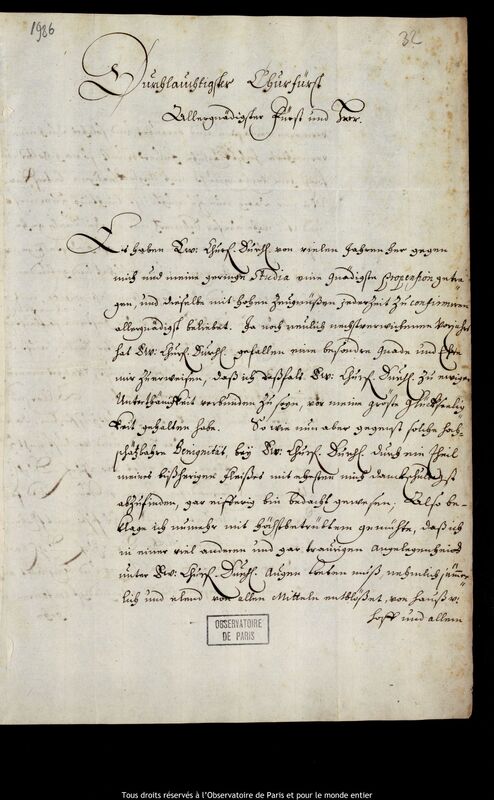 Lettre de Jan Heweliusz à Friedrich Wilhelm (électeur de Brandebourg), Gdansk, 9 octobre 1679