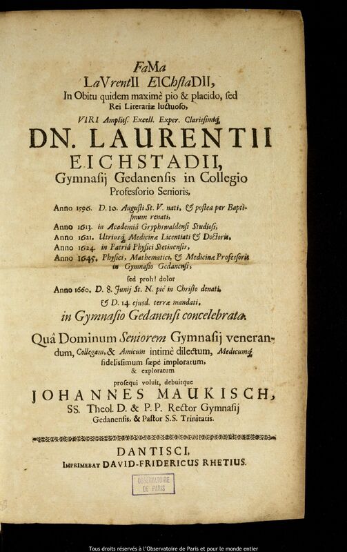 Texte imprimé de Johann Maukisch, Gdansk, 14 juin 1660