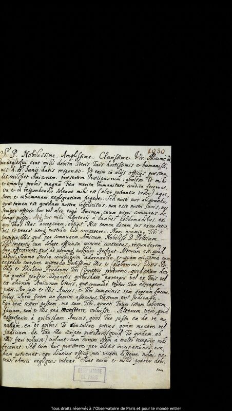 Lettre de Stanislaw Lubieniecki à Jan Heweliusz, Hambourg, 14 juillet 1665