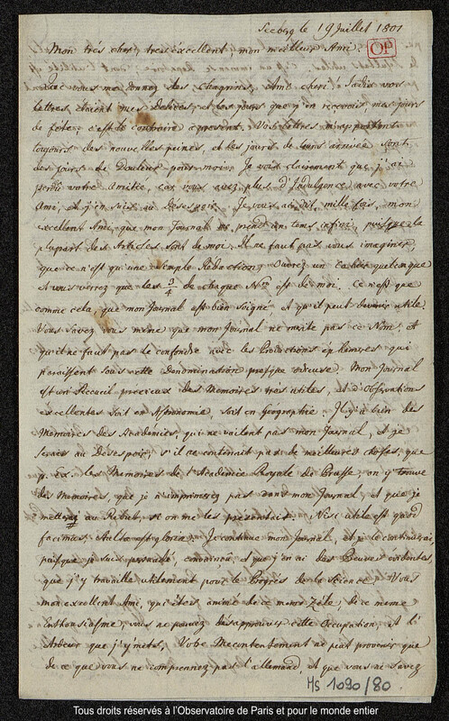 Lettre du baron Franz Xaver von Zach à Joseph Jérôme Le françois de Lalande Seeberg, 19 juillet 1801