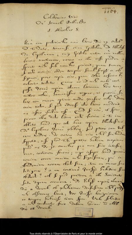 Lettre de Jan Heweliusz à Ismaël Boulliau, Gdansk, 18 décembre 1666