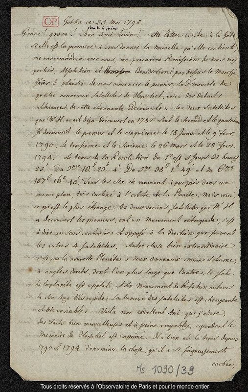 Lettre du baron Franz Xaver von Zach à Joseph Jérôme Le françois de Lalande Gotha, 25 mai 1798