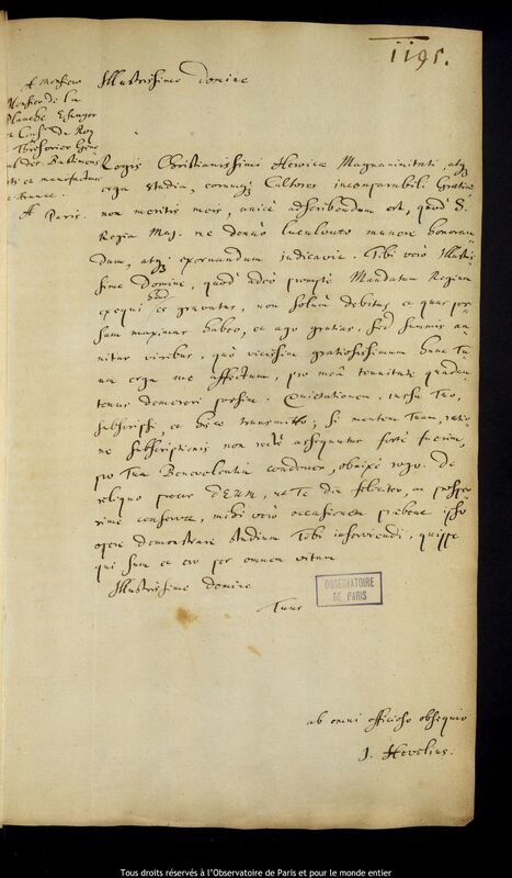 Lettre de Jan Heweliusz à Sébastien François de La Planche, Gdansk, 1er mars - 30 mai 1666